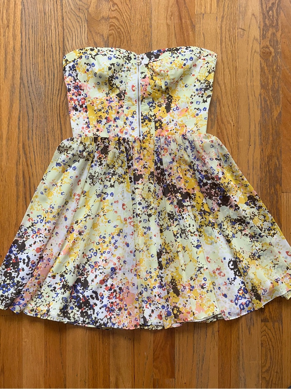 Guess Strapless Floral Splash Yellow Multicolor Fit & Flare Dress